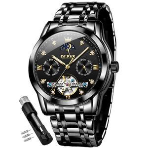 OLEVS 남성 자동 시계 스켈레톤 문 페이즈 다이얼 럭셔리 드레스 스테인리스 스틸 스트랩 5 핸드 다이아몬드 남성 손목 시계