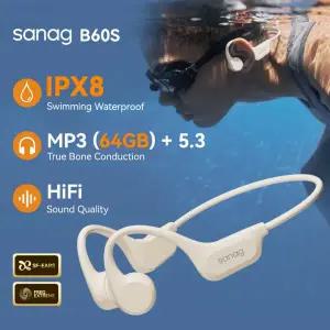 수영이어폰 Sanag B60S 트루 본 컨덕션 블루투스 53 무선 이어폰 IPX8 수영 라이딩 헤드폰 플래시 64G 헤드