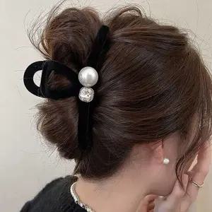 여자 올림 머리 반 묶음 진주 벨벳 집게 헤어 핀 코디-WFHPLF5