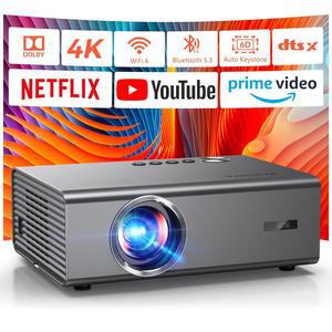 넷플릭스 및 돌비 오디오가 탑재된 4K 프로젝터, 1200ANSI 오토 포커스 및 6D 키스톤 코가타 스마트 프로젝터, 홈 시어터 업그레이드를 위한 WiFi 6 블루투스 앱 내장 실외 영화 프로젝터