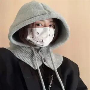 루즈핏 단추 끈 니트 넥 후드 워머 모자 바라클라바 빅사이즈모자