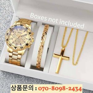 남성용 아날로그 쿼츠 시계 목걸이 팔찌 세트 럭셔리 스틸 밴드 비즈니스 패션 없음 3 개