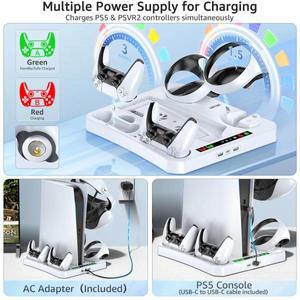 PS5 및 PS VR2 충전 스테이션, AC 어댑터 및 3 단계 냉각 선풍기, PS5 및 PSVR 2 컨트롤러 충전기 도크 스