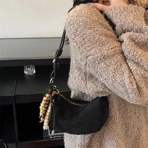 여성용 가죽 숄더백 나무 키링 스티치 투웨이 스트랩