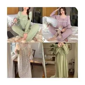 여성 잠옷 원피스 긴팔 홈웨어 파자마 상하 세트 긴바지 겨울