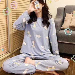 쉬블림로브 (긴팔+긴바지) 여성 기린 캐릭터 패턴 꿀잠 홈웨어 파자마 잠옷 세트 GGWD0104