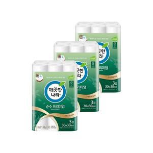 깨끗한나라 3겹화장지 순수 프리미엄 30m 30롤 x 3팩 (총90롤) 107mm 와이드 롤화장지