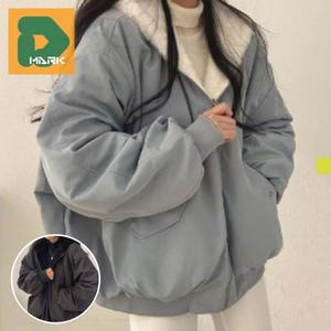 플리스점퍼 양면 오버핏 양털 집업 후드 커플 여성 잠바 뽀글이아우터 부클 점퍼 포켓 기모 후리스 배색