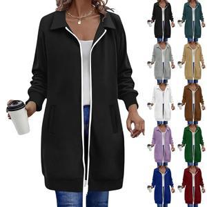 롱 집업 후드 여성 더블 지퍼 플리스 재킷 튜닉 스웨트셔츠 가을 겨울 패션 의류 포켓 포함
