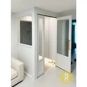 [바른도어]03번 ㄱ자중문 파티션 비대칭스윙 화이트 투명망입(부식)강화유리