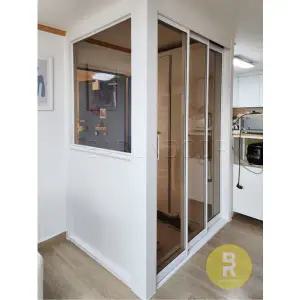 [바른도어]41번 ㄱ자중문 파티션 초슬림3연동 화이트 브론즈강화유리