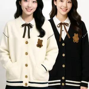 여성 가을겨울 JAPAN BIG 아이드 단추 곰돌이 아플리케 블랙앤화이트 스티치 루즈 니트 가디건 스웨트 3칼라 #