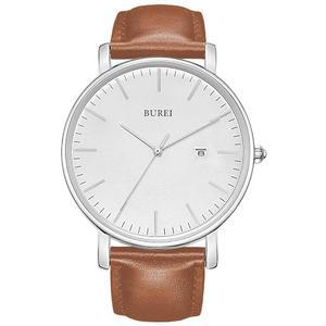 BUREI 남성용 브라운 가죽 패션 미니멀리스트 손목시계 심플 초박형 방수 쿼츠 시계 올 블랙 스테인리스 스틸 메쉬 밴드, 선물