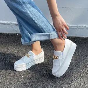 4cm 키높이 통굽 태슬 체인 여성 슬립온 여자 스니커즈 패션 운동화