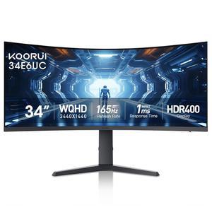 KOORUI 34인치 커브드 울트라와이드 WQHD 3440 1440 게이밍 모니터, 165Hz 1000R- PIP/PBP, 1ms(MPRT), HDR400, DCI-P3 95%, 프리싱크 프리미엄, 1 x DP 1.4 및 2 HDMI 2.0, 틸트 높이 회전 조정, 34E6UC