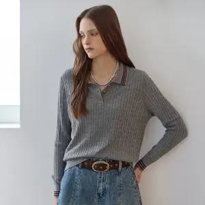 [MAXZA] 라인 배색 카라 케이블 니트