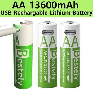 Bestely AA 충전식 리튬 배터리 1.5V 13600mAh 고속 오래 지속되는 이온 USB-C 케이블로 2000 사이클