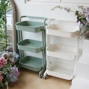 [브이앤비리빙] 문구 다용도실 바퀴달린 선반 트롤리 다용도 수납 모던 파스텔 3단 화이트 민트