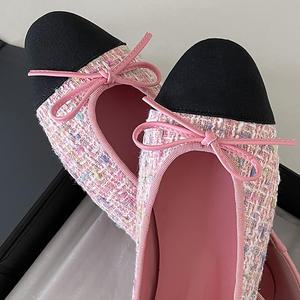 제니 배색 트위드 리본 플랫슈즈 1cm 투톤 샤첼 핑크 콤비 발레리나 단화 #빅사이즈 2509