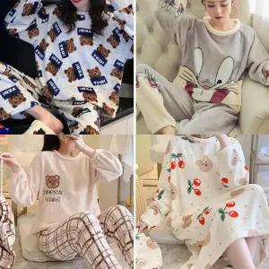 캐릭터 잠옷 파자마 극세사 골지 융 홈웨어 긴팔 긴바지 상하 세트 원피스 겨울 따뜻한 편안한 글로벌와이