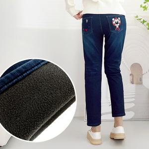 [103st] 여성 배기핏 융기모 본딩 몽키 캐릭터 자수 밴딩 스판 겨울 청바지 진청