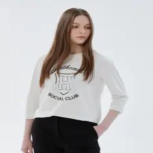 [헤지스 여성] [24SS] HSTS4B201WT 클리어런스화이트 니트배색 그래픽 7부소매 티