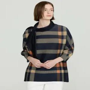 [닥스 여성] [25SS] DLTS5BP22N3 스카프 세트 네이비 빅 체크 긴팔 플리츠 티셔츠