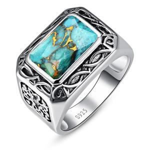 야레술 6.85ct 8X12mm 래디언트 컷 청록색 터쿼이즈 링/크리에이티드 남성 블랙 오닉스 925 스털링 실버 링 칵테일 켈틱 패턴 핑키 밴드 아빠 사이즈 7-12