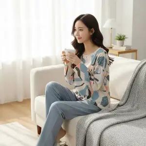 여성용 긴팔잠옷 부드러운 순면 파자마 홈웨어 실내복