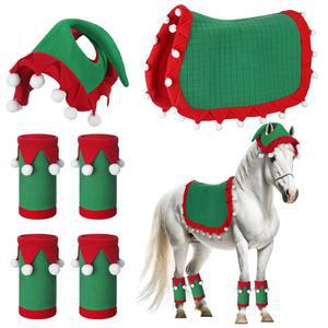 애비리크 크리스마스 홀리데이 산타 다리 랩과 인조 모피 트림 말 모자 의상 액세서리를 위한 다용도 안장 패드 6개