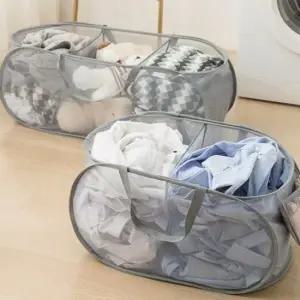 원터치 접이식 메쉬 분리형 세탁물 빨래 바구니 3칸 빨래통 분리형빨래바구니