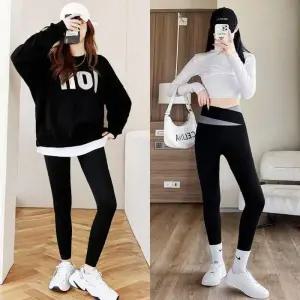 [아우트]레깅스 여성 배색 크로스 허리 슬림 9부