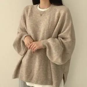 오버사이즈 옆절개 티셔츠 라운드넥 디테일 니트 벌룬 소매 따뜻한 윈터 티셔츠 캐주얼