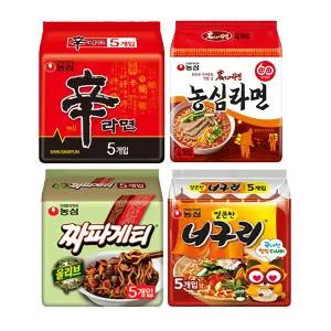 농심 농심라면 124g, 4입 1개 + 신라면 120g+얼큰한 너구리 120g+짜파게티 120g 각 5개 (총 19개)