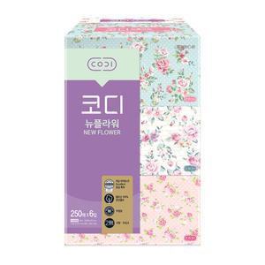 코디 뉴플라워 미용티슈 250매 6입 1팩 각티슈 화장지 휴지