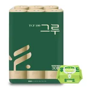 그루 오리지날 무표백 천연펄프화장지 3겹 30m 30롤 1팩+후레쉬물티슈 캡 100매