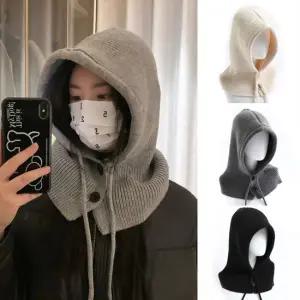 버튼 울 니트 바라클라바 여성 겨울 바라클라바 스키 후드 모자