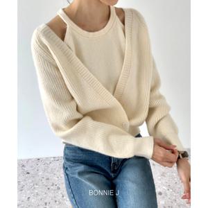 [BONNIE J]홀터넥 나시 가디건 세트 어깨트임 레이어드 니트 티셔츠