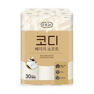 코디 베이지소프트 3겹 천연펄프 롤화장지 30m, 30롤, 1개