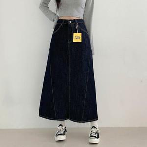 문에이블 여자 여성 봄 가을 와이드 허리 밴딩 진청 맥시 롱 데님 스커트 청치마