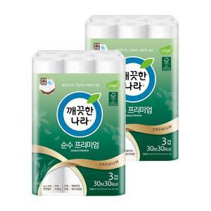 깨끗한나라 3겹화장지 순수 프리미엄 30m 30롤 x 2팩 (60롤)