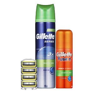 [질레트set] 센서티브스킨 쉐이빙 젤 195g + 하이드라젤 70g + 프로쉴드 옐로우 면도기날 4매입