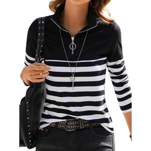 릴리코코 여성 스트라이프 긴팔 셔츠 컬러 블록 지퍼 폴로 티셔츠