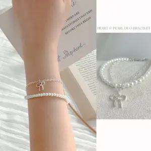 레이어드 진주 드롭 리본 팬던트 두줄 팔찌