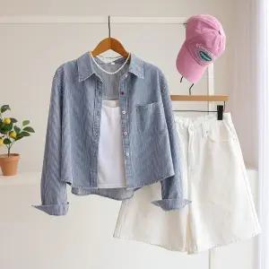 [잇수다] 스와터 스트라이프 세미크롭 데님 셔츠 남방