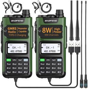 FENG GMRS 무전기 휴대용 장거리 GM-15 프로 8W 무전기, 이어피스 NOAA 기상 수신기 충전식 중계기, 생존 장비 사냥용 USB-C 충전기 포함 양방향 2Pack