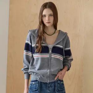[MAXZA] 컬러 블록 라인 니트 후드 집업