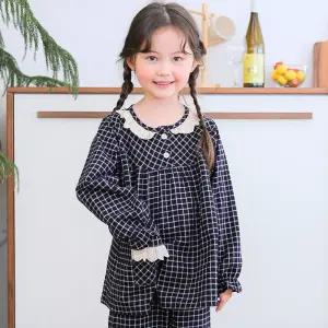 무형광 국산 여 아동 잠옷 세트 주니어 파자마 기모 블랙 체크 겨울 초등학생 키즈 어린이 보온 두꺼운 s