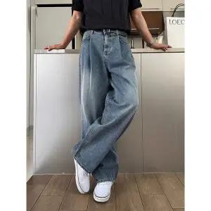 기모 청바지 겨울 방한  아메리칸 스타일 워시 스트레이트 레그 남성 여름 가을 캐주얼 루즈 와이드 바지