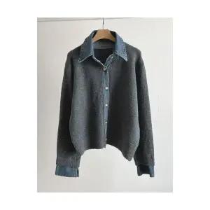 데님 니트 가디건 카라 단추 포인트 배색 칼라넥 청니트 레이어드